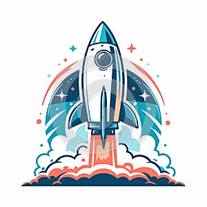 Rocket launching, smoke and stars in the background