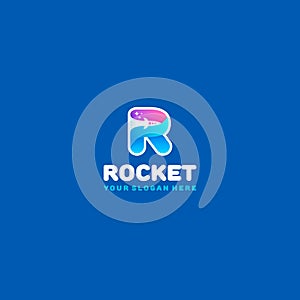 Rocket logo. Colorful R letter with rocket and stars in the negative space.