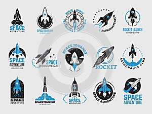 Rocket logo. Space satelite retro shuttle moon discovery logotypes of observatory vector black badges isolated