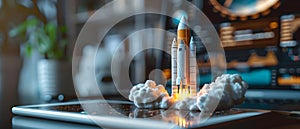 Rocket Model Launch and Profit Analysis on Tablet. Concept Marketing Strategies, Profit Analysis,