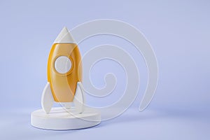 Rocket monument on white podium. Business startup and idea. Mockup