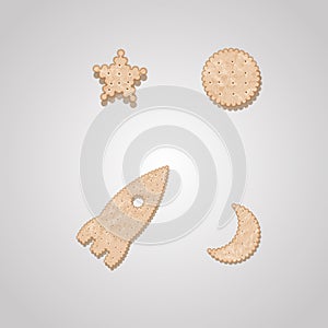 Rocket, moon and star cracker-shaped cookies. Biscuit cookie cracker collection