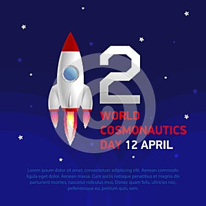 Rocket and number two against a blue sky with stars. Banner World Cosmonautics Day