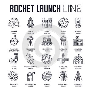 Rocket outline icons collection set. Industry linear symbol pack. Modern template of thin line icons, logo, symbols