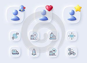 Rocket, Parcel delivery and Truck transport line icons. For web app, printing. Vector