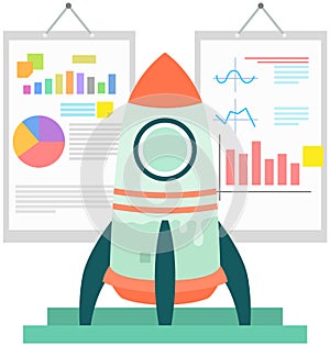 Rocket on pedestal on background of statistics. Data analysis for project, startup development