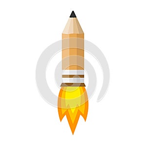 Rocket pencil with fire. Vector illustration.