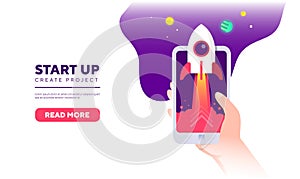 Rocket with Phone startup design concept for website banner, flyer, header