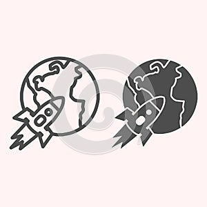 Rocket with planet line and glyph icon. Earth with flying spaceship. Astronomy vector design concept, outline style photo