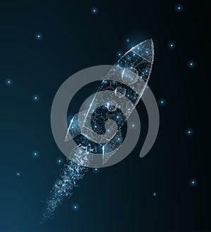 Rocket. Polygonal wireframe mesh art. Business startup, astronomy, innovation concept illustration or background