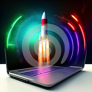 Rocket  popping out of laptop screen, startup concept, background with neon lights. Generative AI