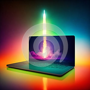 Rocket  popping out of laptop screen, startup concept, background with neon lights. Generative AI