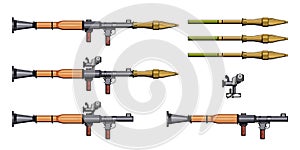 Rocket Propelled Grenade. RPG. Firearms. Colorful image Set. RPG Anti-tank rocket launcher. Sniper scope rifle.