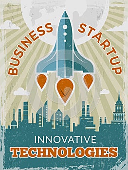 Rocket retro poster. Business startup concept with shuttle or spaceship vintage creative space 40s vector placard