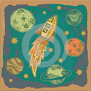 Rocket , science fiction cartoon childish illustration