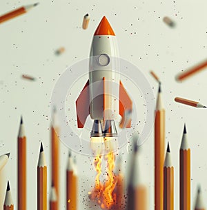Rocket-shaped pencil soaring amidst scattered pencils, symbolizing creativity and innovation
