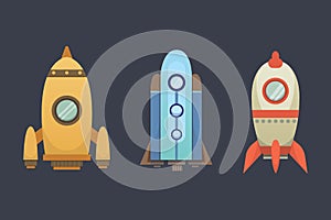 Rocket ship in cartoon style. New Businesses Innovation Development Flat Design Icons Template. Space ships