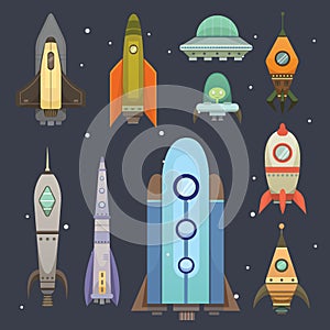 Rocket ship in cartoon style. New Businesses Innovation Development Flat Design Icons Template. Space ships