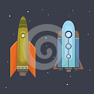 Rocket ship in cartoon style. New Businesses Innovation Development Flat Design Icons Template. Space ships