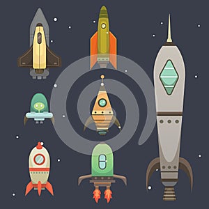 Rocket ship in cartoon style. New Businesses Innovation Development Flat Design Icons Template. Space ships
