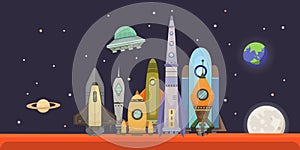 Rocket ship in cartoon style. New Businesses Innovation Development Flat Design Icons Template. Space ships