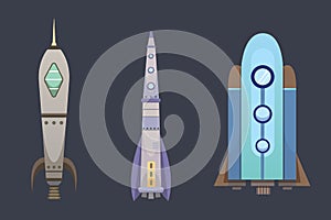 Rocket ship in cartoon style. New Businesses Innovation Development Flat Design Icons Template. Space ships