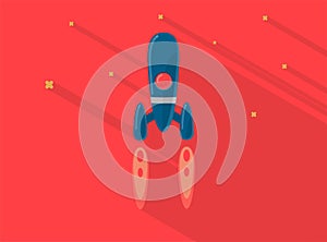 Rocket ship in a flat Red style. Space rocket flying in space with trendy flat stars. Project start up. Vector illustration.