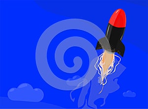 Rocket ship in a flat style. Space rocket launch with trendy flat style smoke clouds. Project start up. Vector illustration.