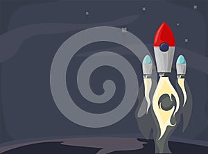 Rocket ship in a flat style. Space rocket launch with trendy flat style smoke clouds. Project start up. Vector illustration.
