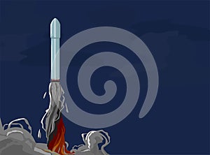 Rocket ship in a flat style. Space rocket launch with trendy flat style smoke clouds. Project start up. Vector illustration.