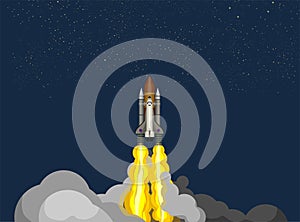 Rocket ship in a flat style. Space rocket launch with trendy flat style smoke clouds. Project start up