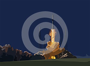 Rocket ship in a flat style. Space rocket launch with trendy flat style smoke clouds. Project start up. Vector illustration.