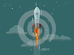 Rocket ship in a flat style. Space rocket launch with trendy flat style smoke clouds. Project start up. Vector illustration.