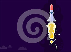 Rocket ship in a flat style. Space rocket launch with trendy flat style smoke clouds. Project start up. Vector illustration.