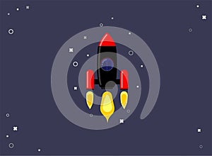 Rocket ship in a flat style. Space rocket launch with trendy flat style smoke clouds. Project start up. Vector illustration.