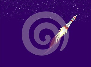 Rocket ship in a flat style. Space rocket launch with trendy flat style smoke clouds. Project start up. Vector illustration.