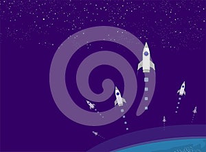 Rocket ship in a flat style. Space rocket launch with trendy flat style smoke clouds. Project start up. Vector illustration.