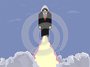 Rocket ship in a flat style. Spaceman rocket launch with trendy business style smoke clouds. Project start up. Vector illustration