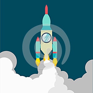 Rocket ship in a flat style.Vector illustration with 3d flying rocket.Space travel to the moon.Space rocket launch