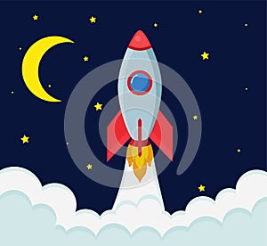 Rocket ship in a flat style.Vector illustration with 3d flying rocket.Space travel to the moon.Space rocket launch.Project start