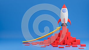 Rocket ship flies up with finance graph chart on blue background.Business startup concept.3d model and illustration