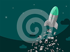 Rocket ship with fuel from money. Space rocket launch with jet from paper money. Project start up. Vector illustration.