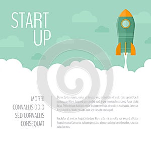 Rocket ship launch banner. Startup business concept. Start Up. F