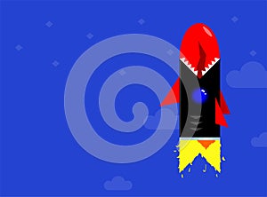 Rocket ship like hungry shark business. Trendy view of Space rocket launch. Project start up. Vector illustration.