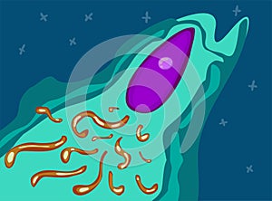 Rocket ship like molecule in microworld. slime Space rocket launch in microcosm. Project start up. Vector illustration.
