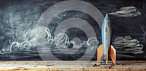 Rocket ship model on wooden table against chalkboard with cloud drawings