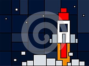 Rocket ship in neoplasticism style. Space rocket launch with trendy squares. Project start up. Vector illustration.