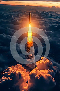 Rocket shoots through cloudy sky with the sun glaring behind it. Generative AI
