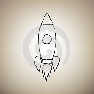Rocket sign illustration. Vector. Brush drawed black icon at light brown background. Illustration.