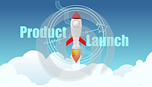 Rocket in the sky for product launch web banner, presentation, print concept with big text flat style illustration